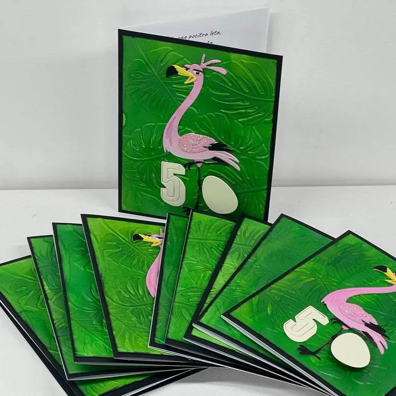 Set ročno izdelanih vabil z bleščečim flamingo motivom za 50. rojstni dan